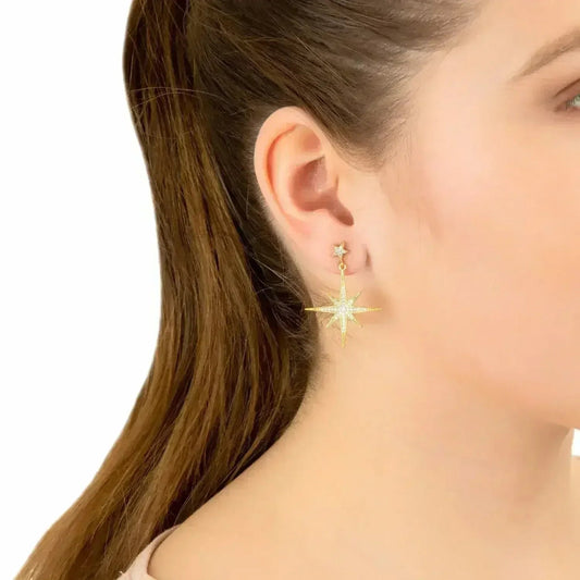 Petite Star Burst Drop Earrings | Silver Celestial Jewelry - Femstylo