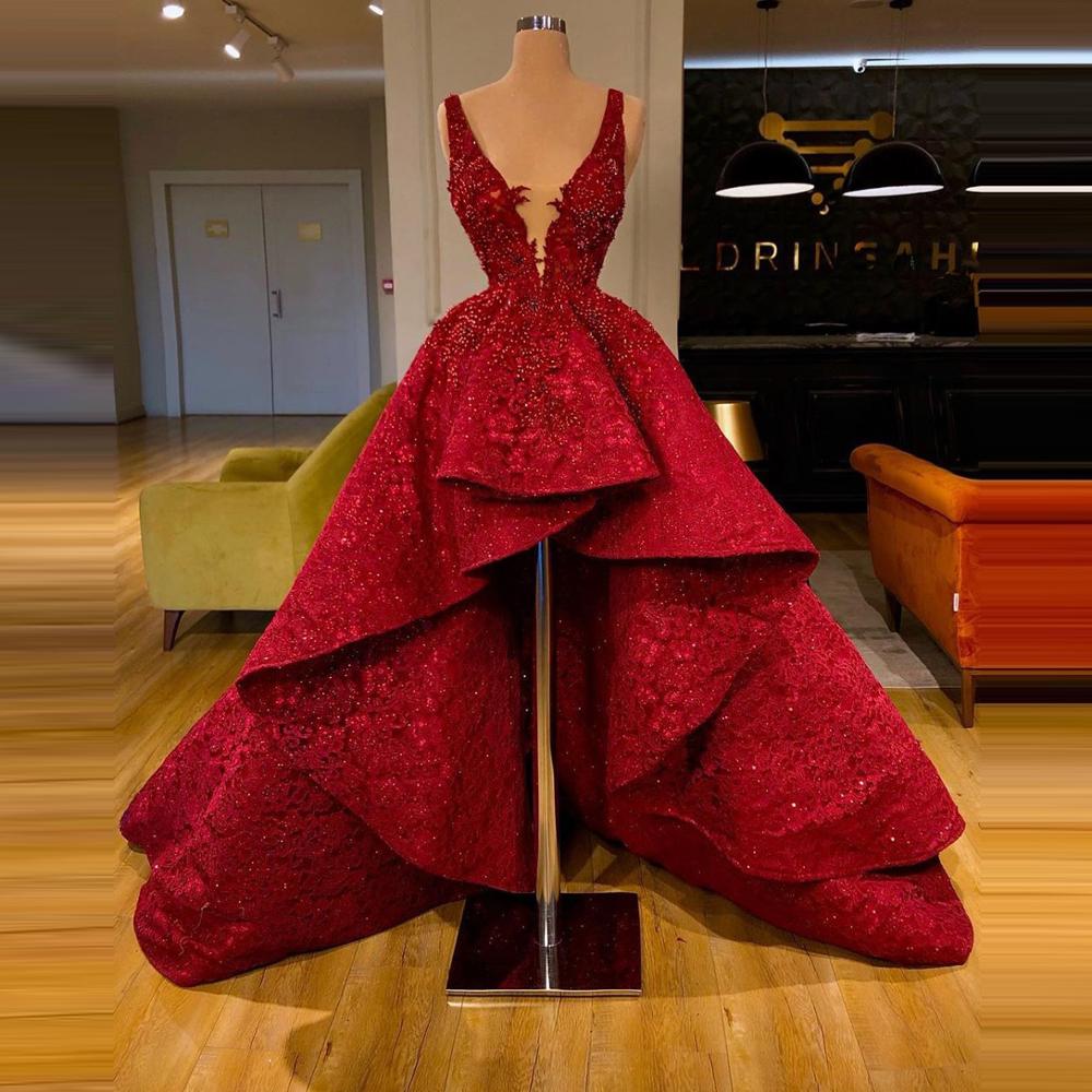 High Low Appliques Deep V-Neck Ruffles