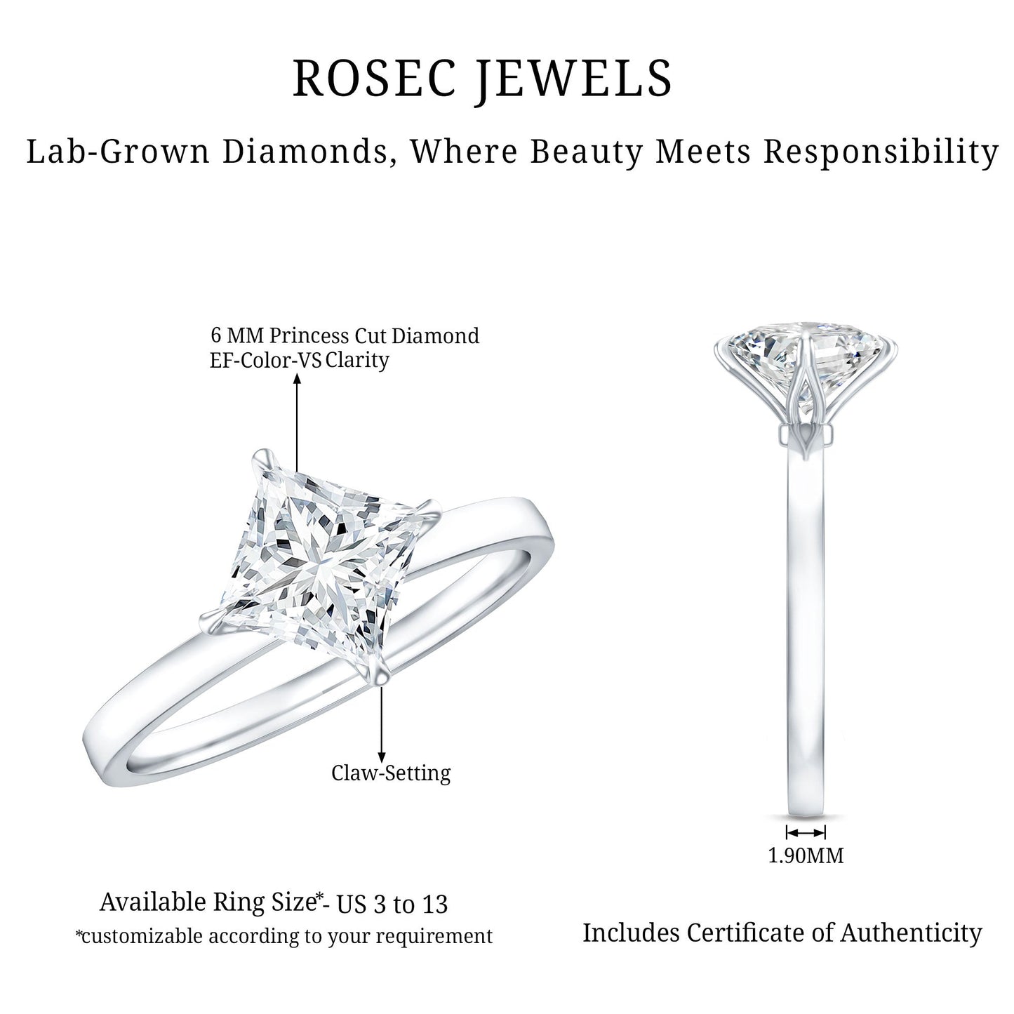 1.25 CT Princess Cut Lab Grown Diamond Solitaire Engagement Ring