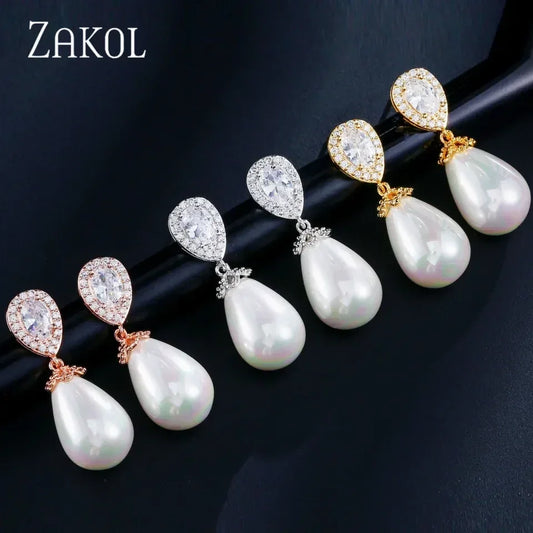 ZAKOL Stylish Teardrop Imitation Pearl Dangle Earrings Water Drop Cubic Zirconia for Women Bridal Earring Wedding Jewelry Bijoux