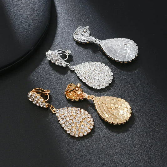 Water Drop Clip On Earring Cubic Zirconia Crystal Dangle Earrings Statement Earrings no pierced for Women Wedding Bridal jewelry