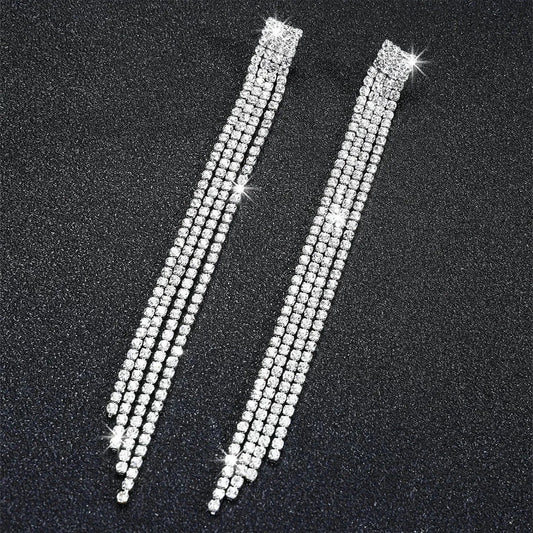 TREAZY Shiny 4 Lines Rhinestone Crystal Tassel Long Earrings for Women Wedding Party Hanging Dangle Earrings Bridal Brincos