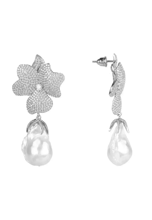 Baroque Pearl Flower Drop Earrings | Wedding Sterling Silver - Femstylo