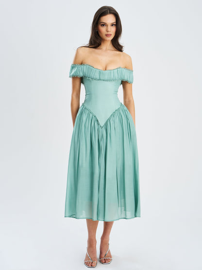Xavy Teal Green Off Shoulder Corset Midi Dress