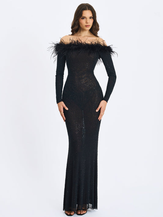 Emberly Black Fur Trimmed Off-Shoulder Rhinestone Mermaid Maxi Dress