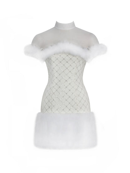 Taylor Ivory Fur Trimmed Beaded Bouclé Mini Dress