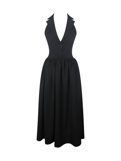 Delaney Black Lapel Halter Midi A-Line Dress