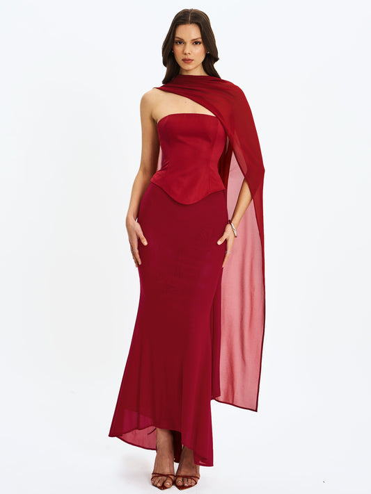 Giselle Crimson Peplum Mermaid Gown with Chiffon Scarf