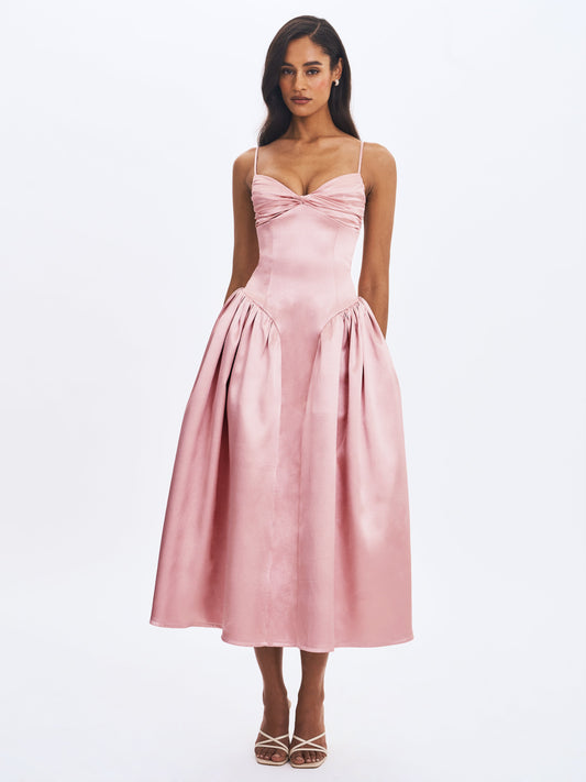 Tullia Dusty Rose Satin Ruched Midi Dress