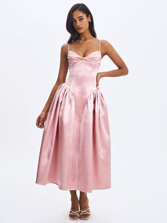 Tullia Dusty Rose Satin Ruched Midi Dress