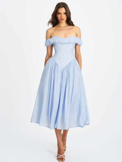 Xavy Baby Blue Off Shoulder Corset Midi Dress