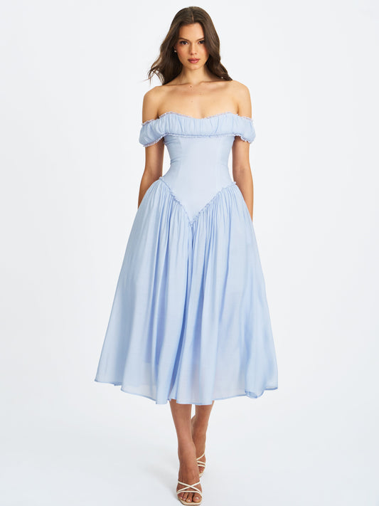 Xavy Baby Blue Off Shoulder Corset Midi Dress