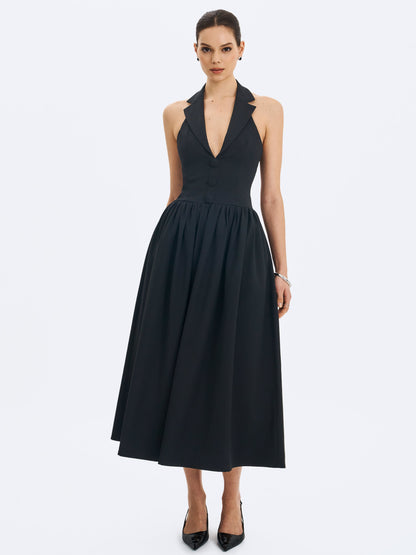 Delaney Black Lapel Halter Midi A-Line Dress