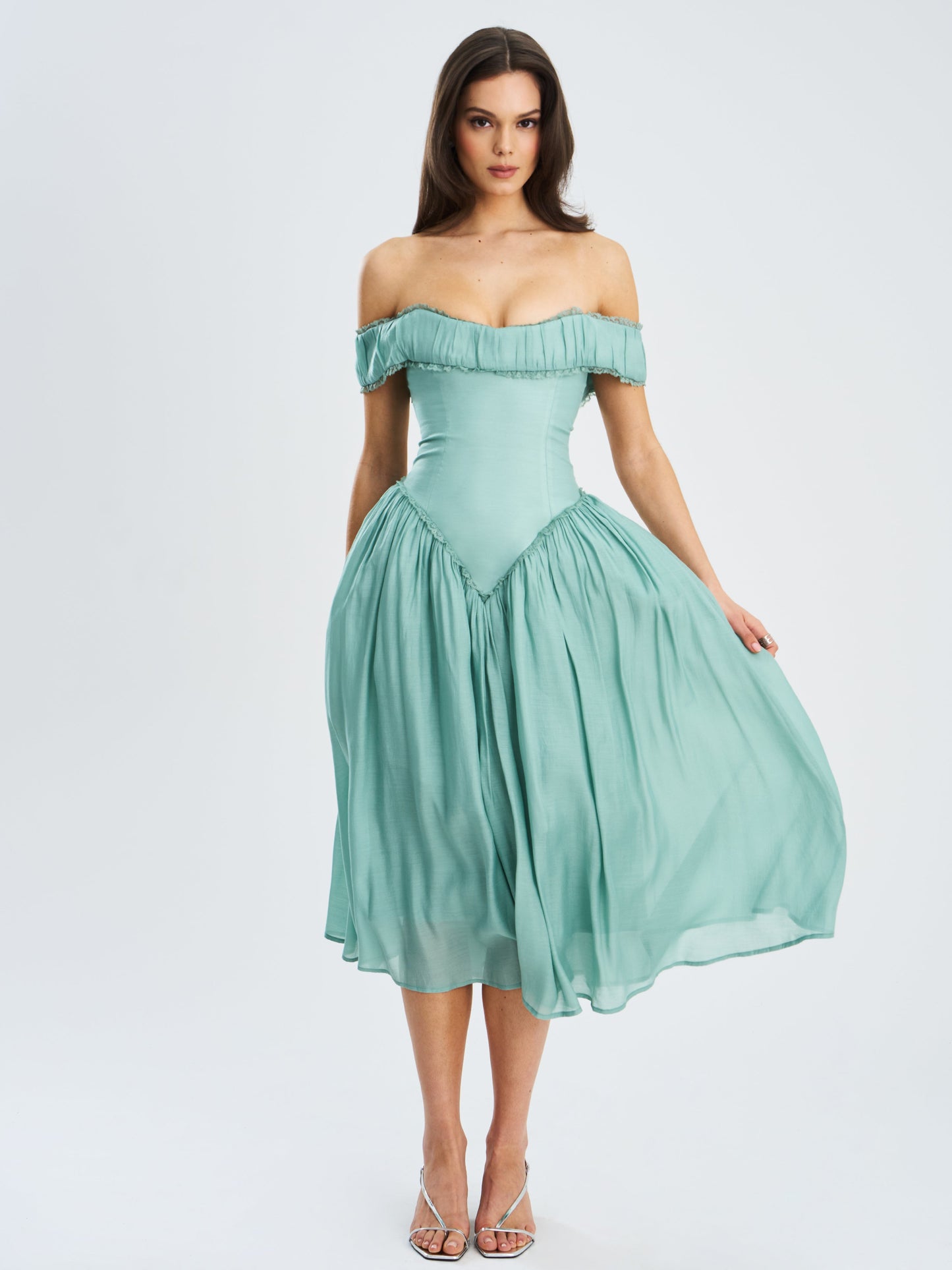 Xavy Teal Green Off Shoulder Corset Midi Dress