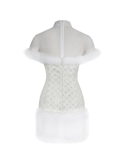 Taylor Ivory Fur Trimmed Beaded Bouclé Mini Dress