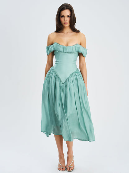 Xavy Teal Green Off Shoulder Corset Midi Dress