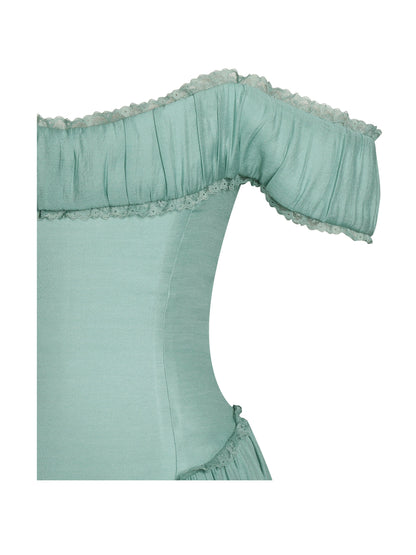 Xavy Teal Green Off Shoulder Corset Midi Dress