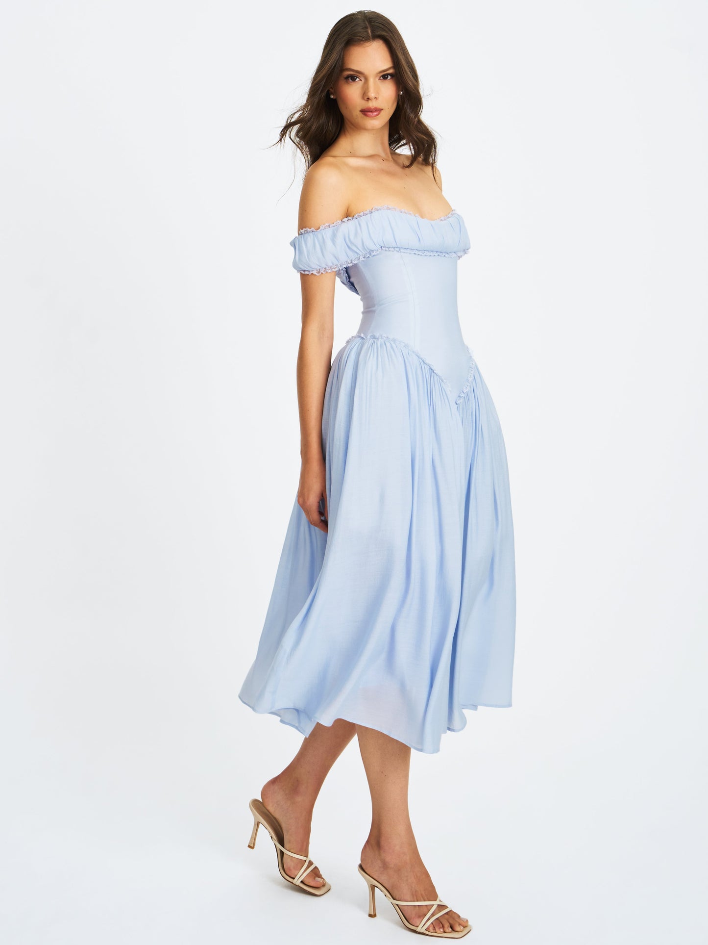 Xavy Baby Blue Off Shoulder Corset Midi Dress