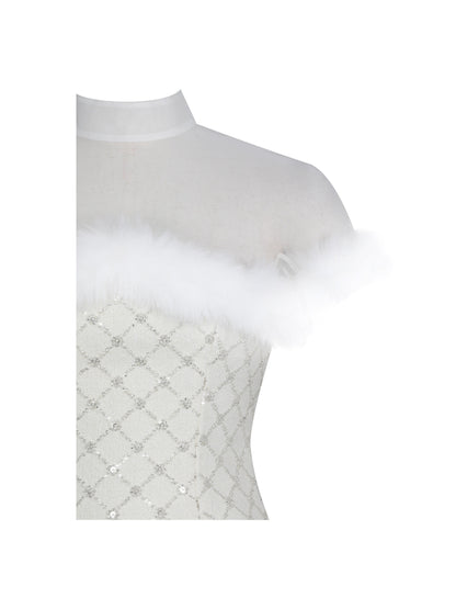 Taylor Ivory Fur Trimmed Beaded Bouclé Mini Dress