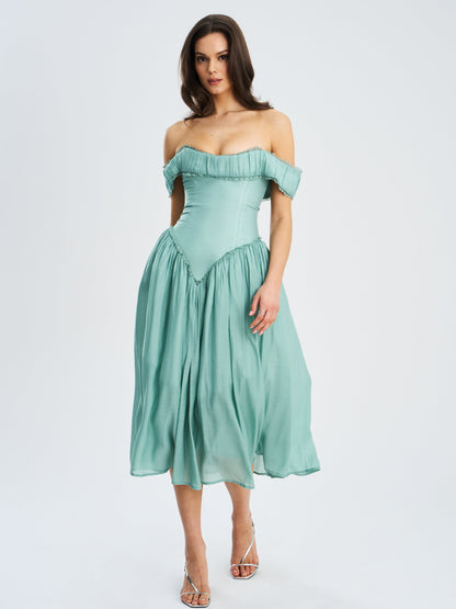 Xavy Teal Green Off Shoulder Corset Midi Dress