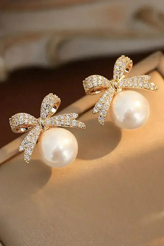 Gold Bowknot Pearl Earrings | Rhinestone Accent Jewelry - Femstylo