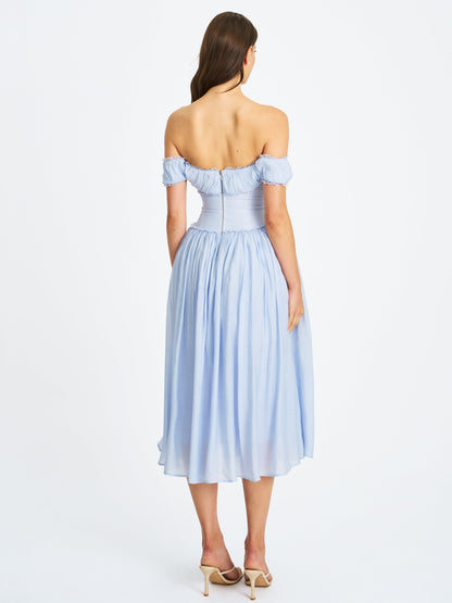 Xavy Baby Blue Off Shoulder Corset Midi Dress