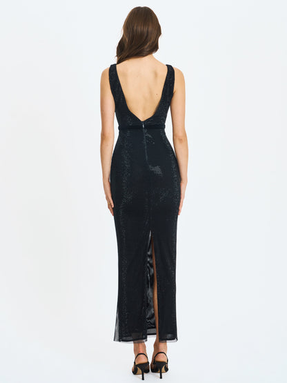 Olympia Black Belted Bow Plunging Rhinestone Maxi Dress