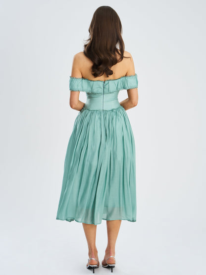 Xavy Teal Green Off Shoulder Corset Midi Dress