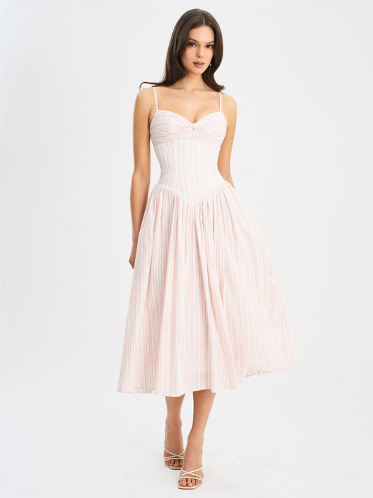 Zania Pink Stripe Ruched Breast Cotton Jacquard Midi Dress