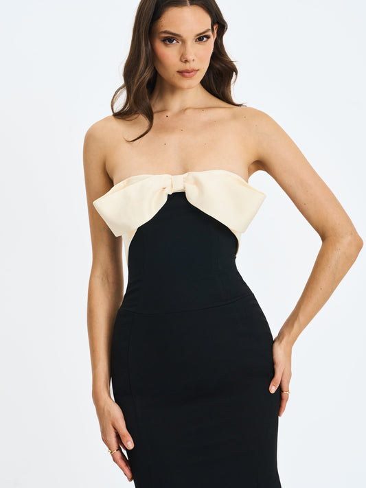 Saige Black Mermaid Midi Dress with Ivory Bow Bustline