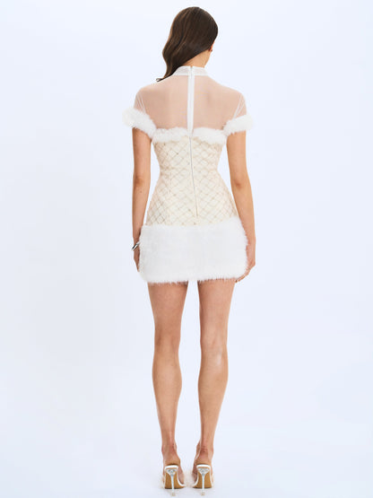 Taylor Ivory Fur Trimmed Beaded Bouclé Mini Dress