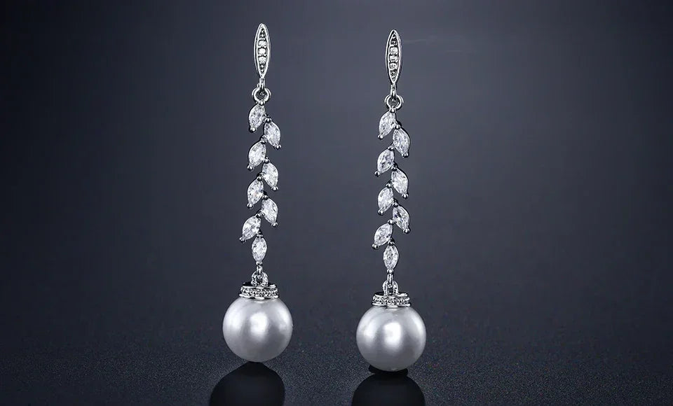 ZAKOL Fashion Round Imitation Pearls Drop Earrings for Women Shinny Zirconia Crystal Leaf Long Bridal Earring Wedding Jewelry