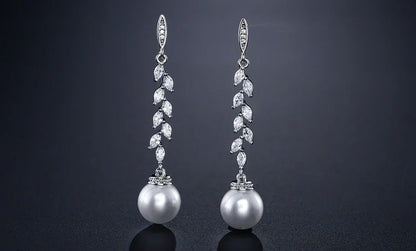 ZAKOL Fashion Round Imitation Pearls Drop Earrings for Women Shinny Zirconia Crystal Leaf Long Bridal Earring Wedding Jewelry