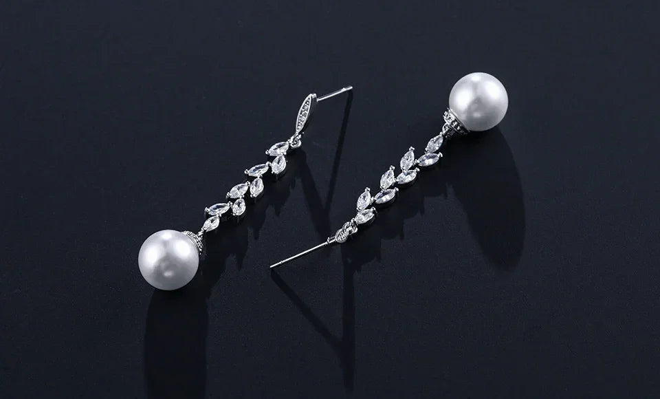 ZAKOL Fashion Round Imitation Pearls Drop Earrings for Women Shinny Zirconia Crystal Leaf Long Bridal Earring Wedding Jewelry