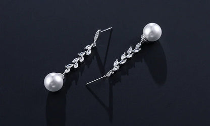 ZAKOL Fashion Round Imitation Pearls Drop Earrings for Women Shinny Zirconia Crystal Leaf Long Bridal Earring Wedding Jewelry