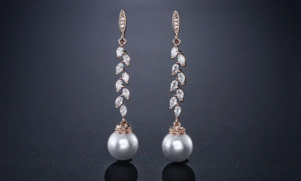 ZAKOL Fashion Round Imitation Pearls Drop Earrings for Women Shinny Zirconia Crystal Leaf Long Bridal Earring Wedding Jewelry