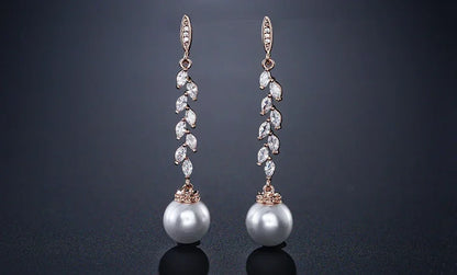ZAKOL Fashion Round Imitation Pearls Drop Earrings for Women Shinny Zirconia Crystal Leaf Long Bridal Earring Wedding Jewelry