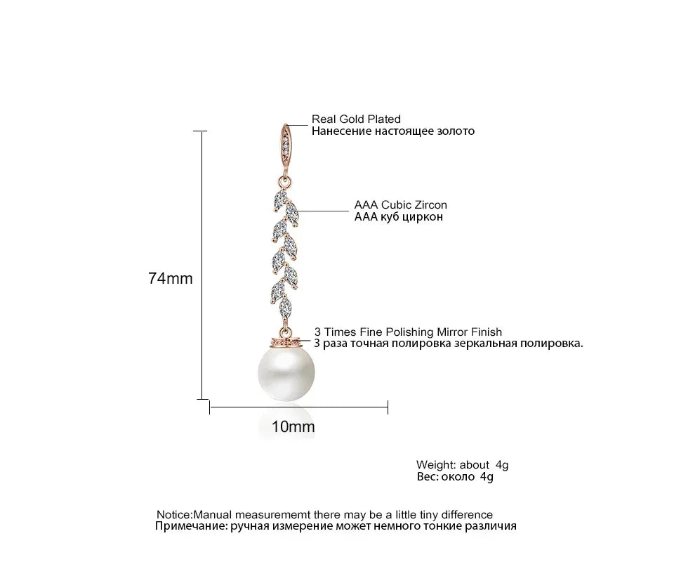 ZAKOL Fashion Round Imitation Pearls Drop Earrings for Women Shinny Zirconia Crystal Leaf Long Bridal Earring Wedding Jewelry