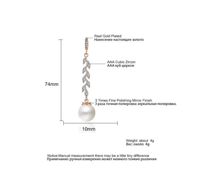 ZAKOL Fashion Round Imitation Pearls Drop Earrings for Women Shinny Zirconia Crystal Leaf Long Bridal Earring Wedding Jewelry