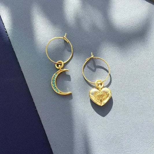 Crystal Moon Earrings | Turquoise Moon & Heart Charm Hoops - Femstylo