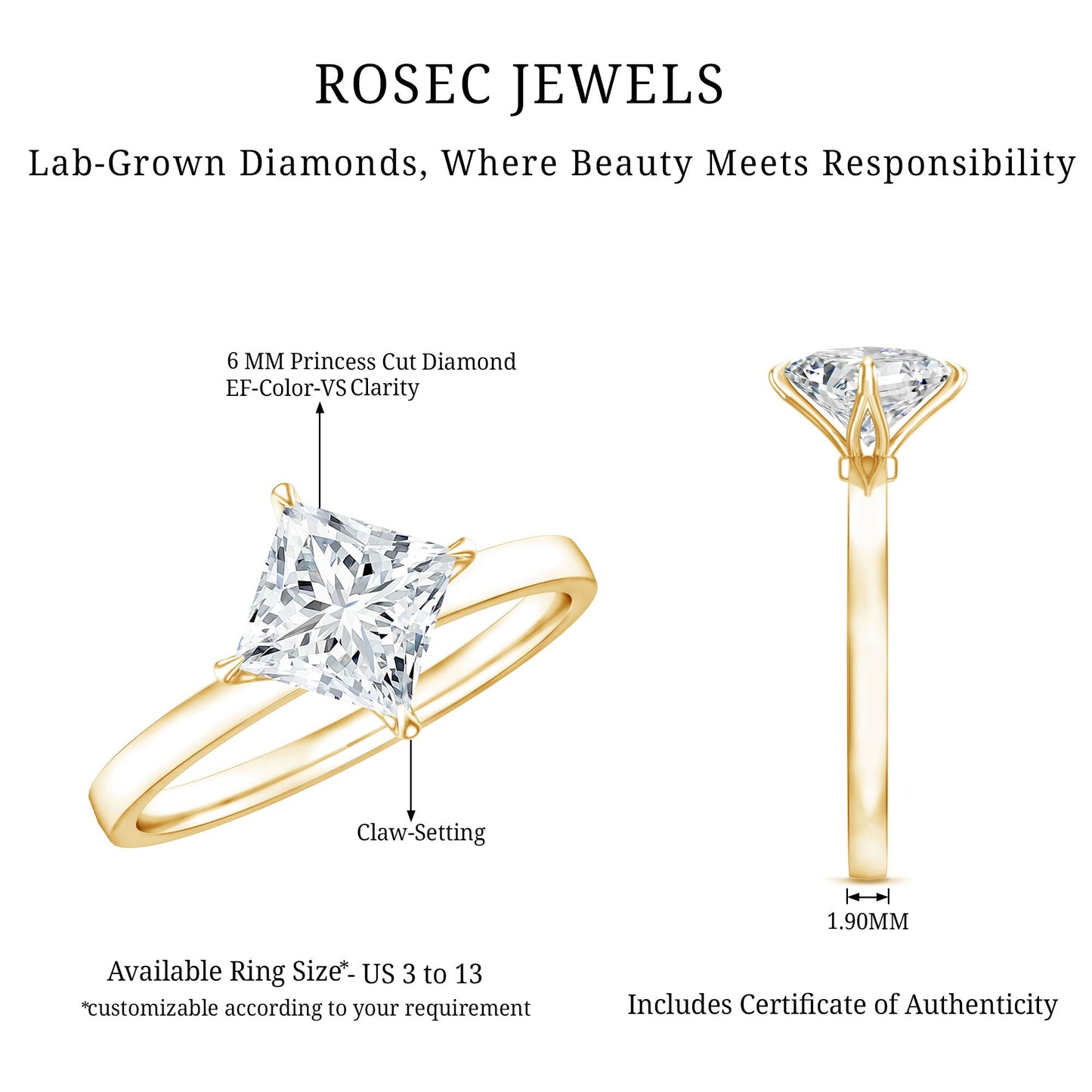 1.25 CT Princess Cut Lab Grown Diamond Solitaire Engagement Ring