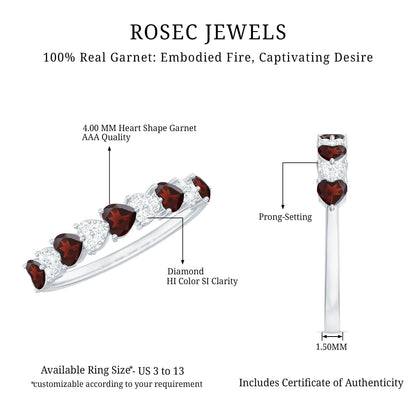 Natural Garnet Diamond Heart Eternity Ring in East West Style