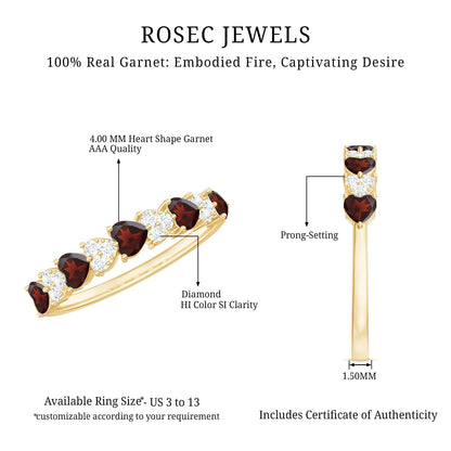 Natural Garnet Diamond Heart Eternity Ring in East West Style