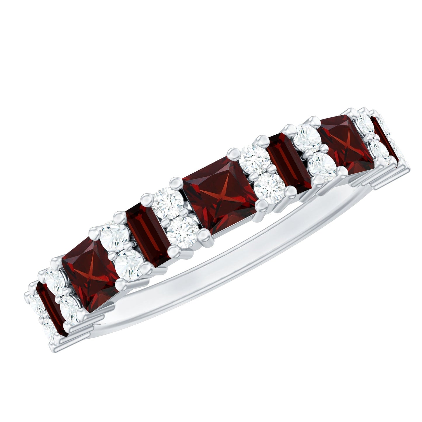 Natural Red Garnet Half Eternity Ring with Diamond