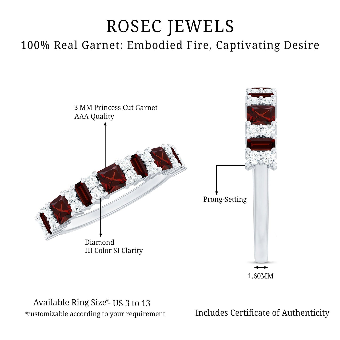 Natural Red Garnet Half Eternity Ring with Diamond
