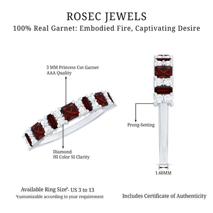 Natural Red Garnet Half Eternity Ring with Diamond