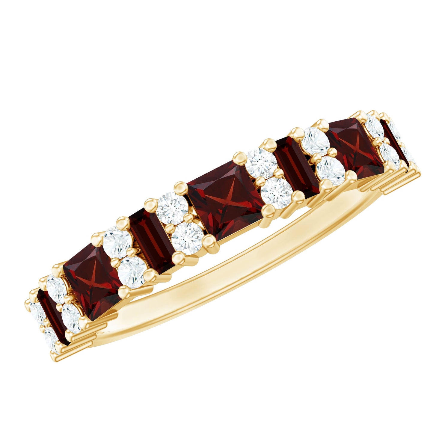 Natural Red Garnet Half Eternity Ring with Diamond