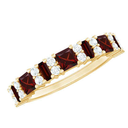 Natural Red Garnet Half Eternity Ring with Diamond