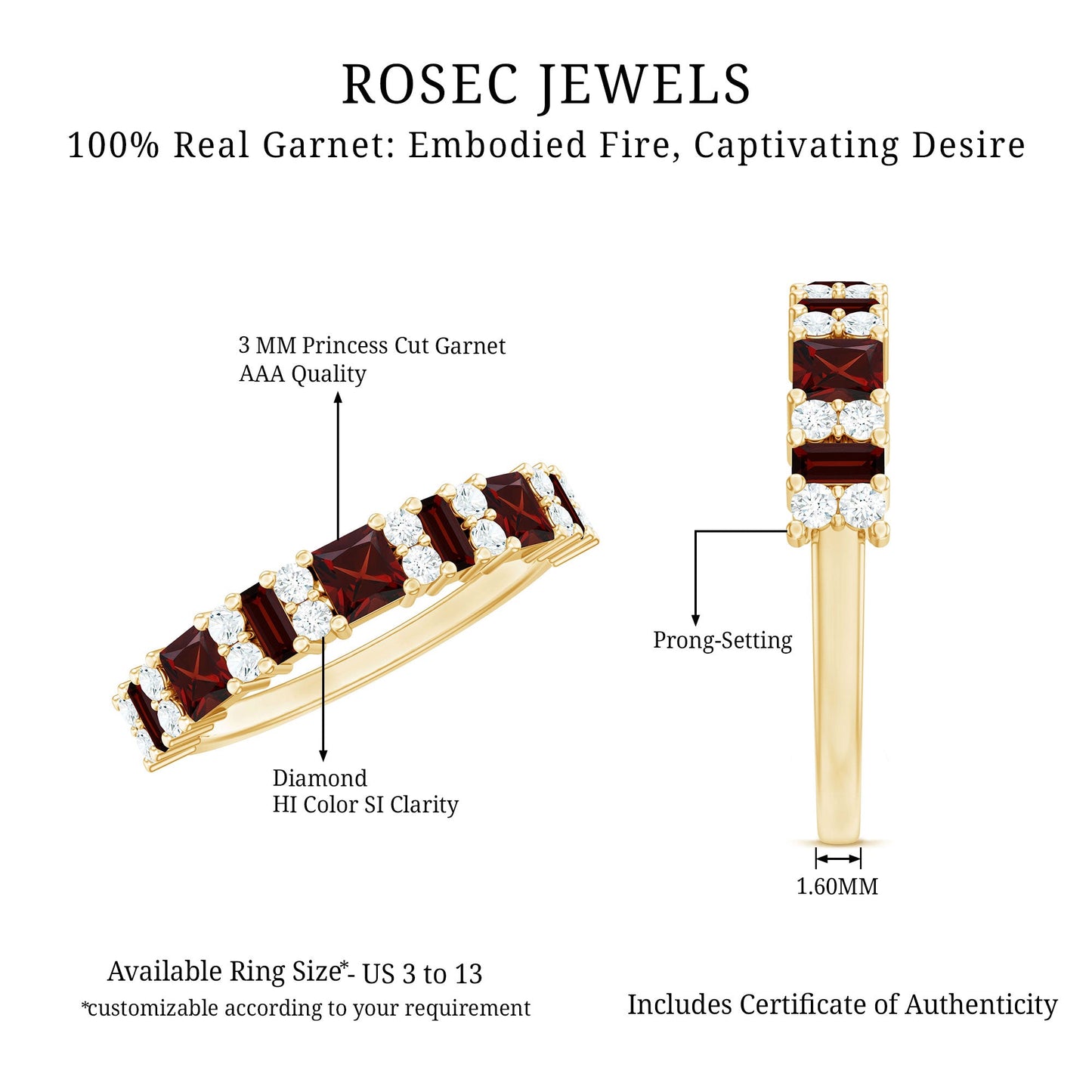 Natural Red Garnet Half Eternity Ring with Diamond