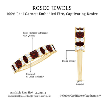 Natural Red Garnet Half Eternity Ring with Diamond